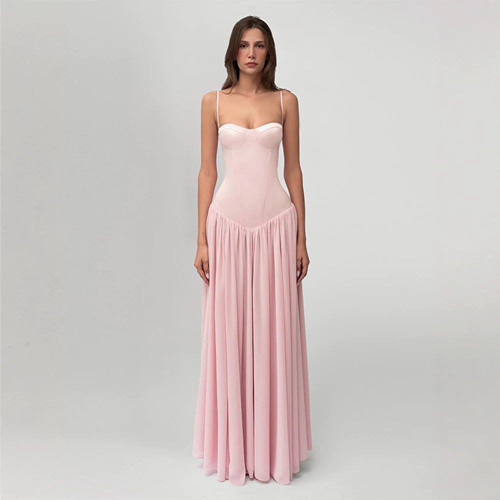 Women’s shaping bustier evening dress with pre-shaped corset construction and wide chiffon flared skirt StylebySassy