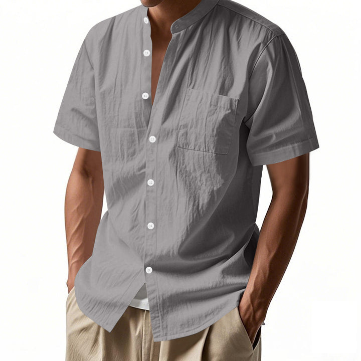 Men's nan legeres short-sleeve linen blend shirt with stand-up collar, chest pocket, and continuous button placket StylebySassy