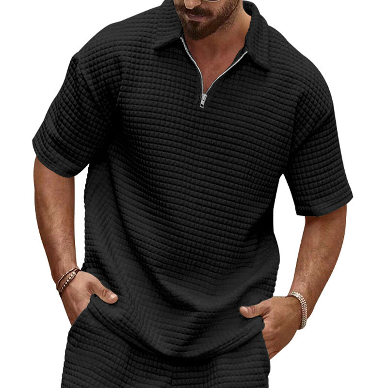 Men's polo collar ensemble with quilted box pattern, short front zipper and loose fit StylebySassy