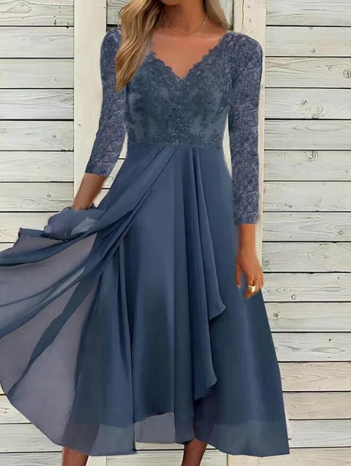 Women's midi dress with floral lace bodice, V-neckline, and layered chiffon skirt StylebySassy