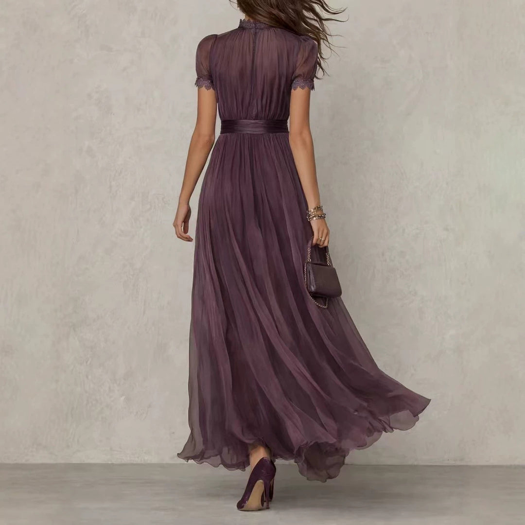 Women's Long Chiffon Evening Dress with Lace Stand Collar, Keyhole Opening and Tailored Sash StylebySassy