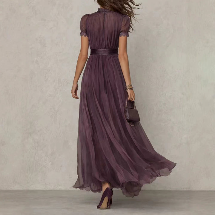 Women's Long Chiffon Evening Dress with Lace Stand Collar, Keyhole Opening and Tailored Sash StylebySassy