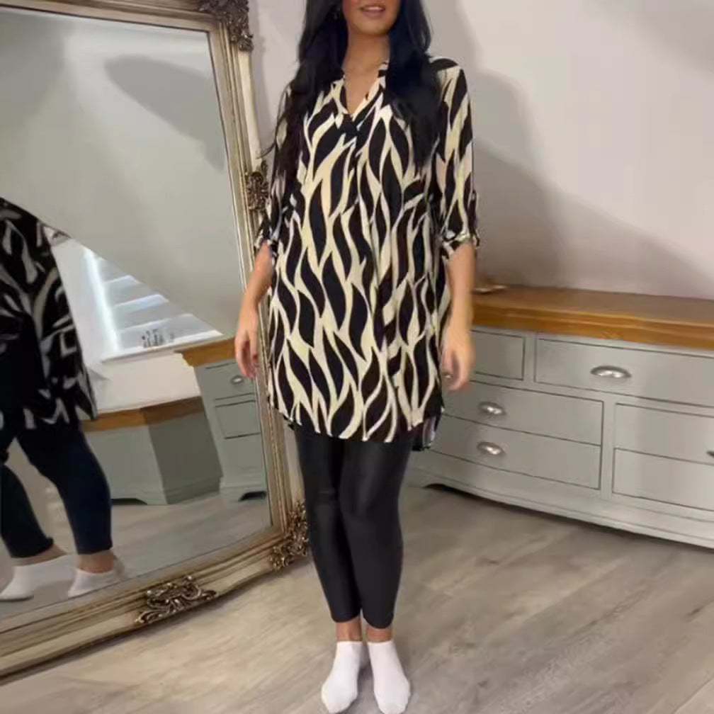 Women's oversized long tunic with abstract wave print, V-neckline and roll-up three-quarter sleeves StylebySassy