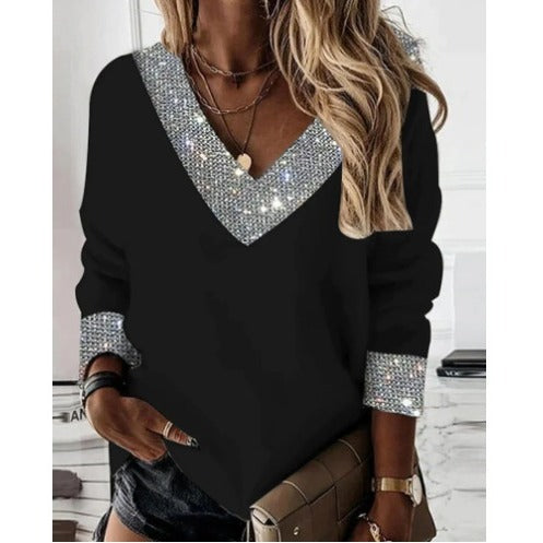 Women's lightweight V-neck sweater with sparkling rhinestone trims at collar and sleeve cuffs StylebySassy