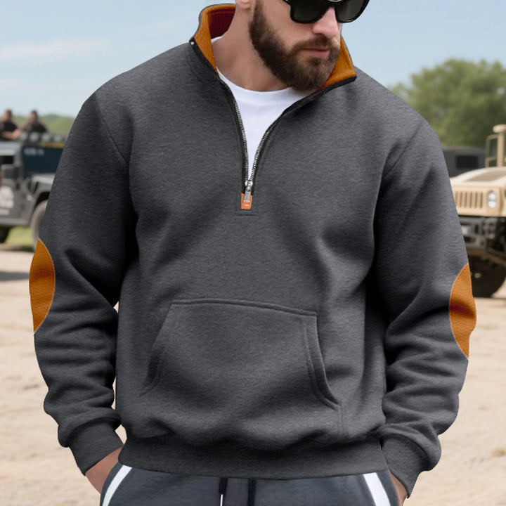 Men's Nano Insulated Half-Zip Pullover with Stand-Up Collar Fleece Lining Kangaroo Pocket and Suede Elbow Patches StylebySassy