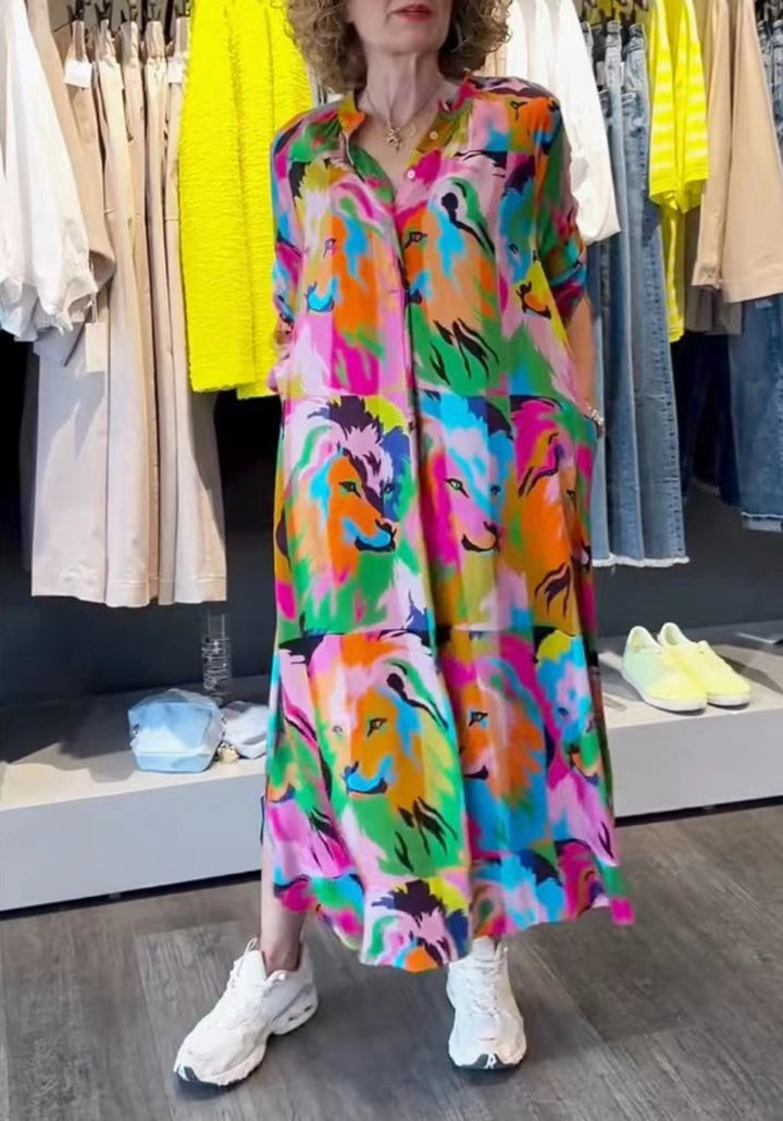 Women's shirt dress maxi dress with pop art lion print, button placket and side pockets StylebySassy