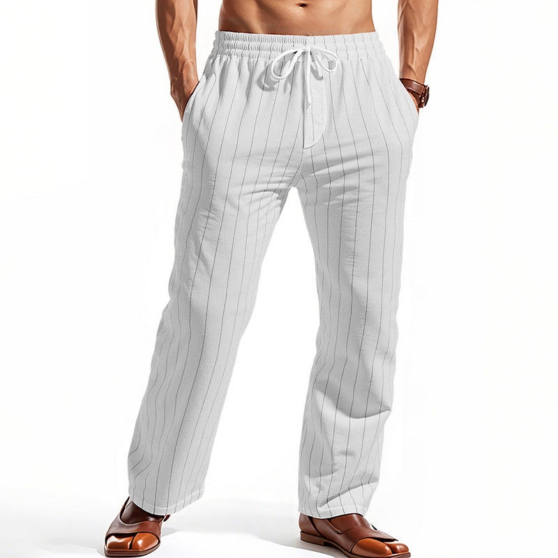 Men's Casual Pinstripe Leisure Pants with Elastic Drawstring Waist, Side Pockets, and Straight Leg StylebySassy