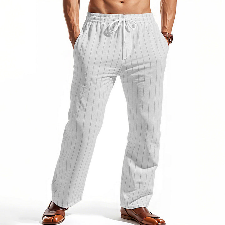 Men's Casual Pinstripe Leisure Pants with Elastic Drawstring Waist, Side Pockets, and Straight Leg StylebySassy