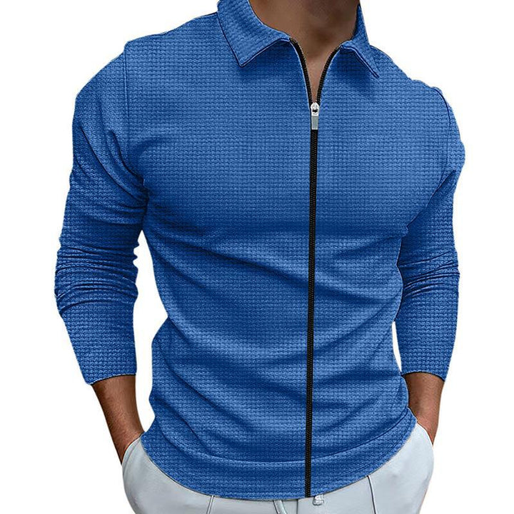 Men's tailored structured shirt jacket with turn-down collar and contrasting center zipper StylebySassy