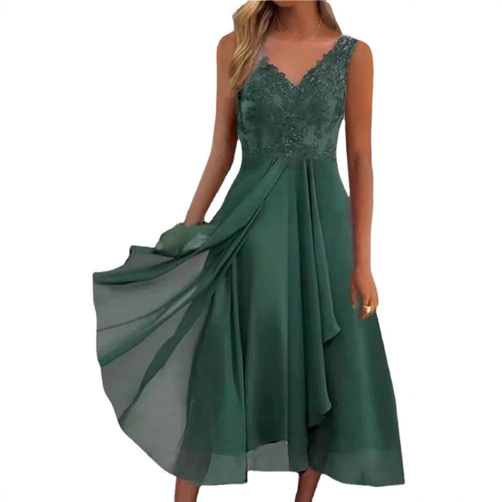 Women's elegant evening midi dress with embroidered lace bodice, tailored draping, and flowing layered skirt StylebySassy