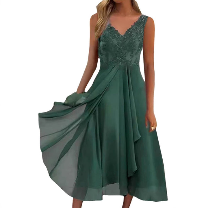 Women's elegant evening midi dress with embroidered lace bodice, tailored draping, and flowing layered skirt StylebySassy