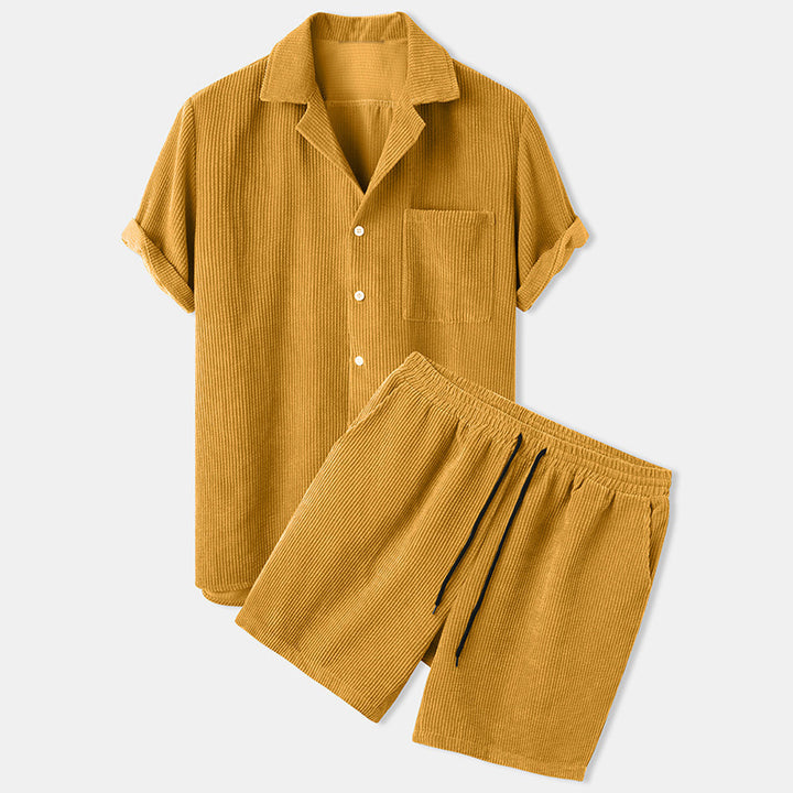 Men's short-sleeve leisure set with waffle texture, lapel collar and drawstring pants StylebySassy
