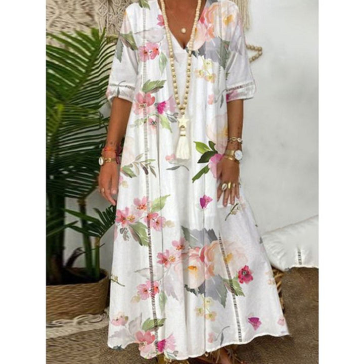 Ladies nan locker flowing Kaftan midimax dress with V-neck, openwork panels and lightweight linen blend quality StylebySassy