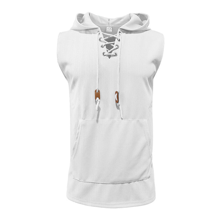 Men sleeveless hoodie sweatshirt with laced collar and kangaroo pocket StylebySassy