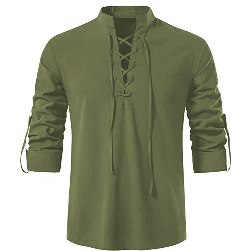 Men's casual lace-up shirt with stand-up collar, linen-cotton blend and roll-up sleeve tabs StylebySassy