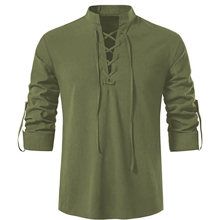 Men's casual lace-up shirt with stand-up collar, linen-cotton blend and roll-up sleeve tabs StylebySassy