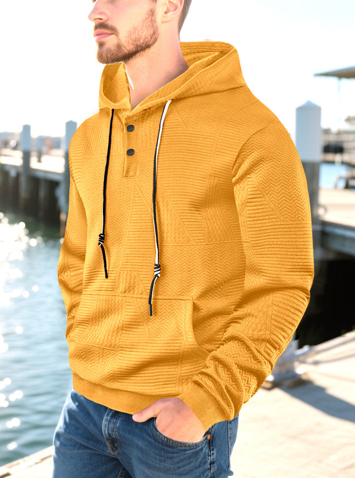 Men's hooded sweatshirt with geometric structure, Henley placket, and kangaroo pocket StylebySassy
