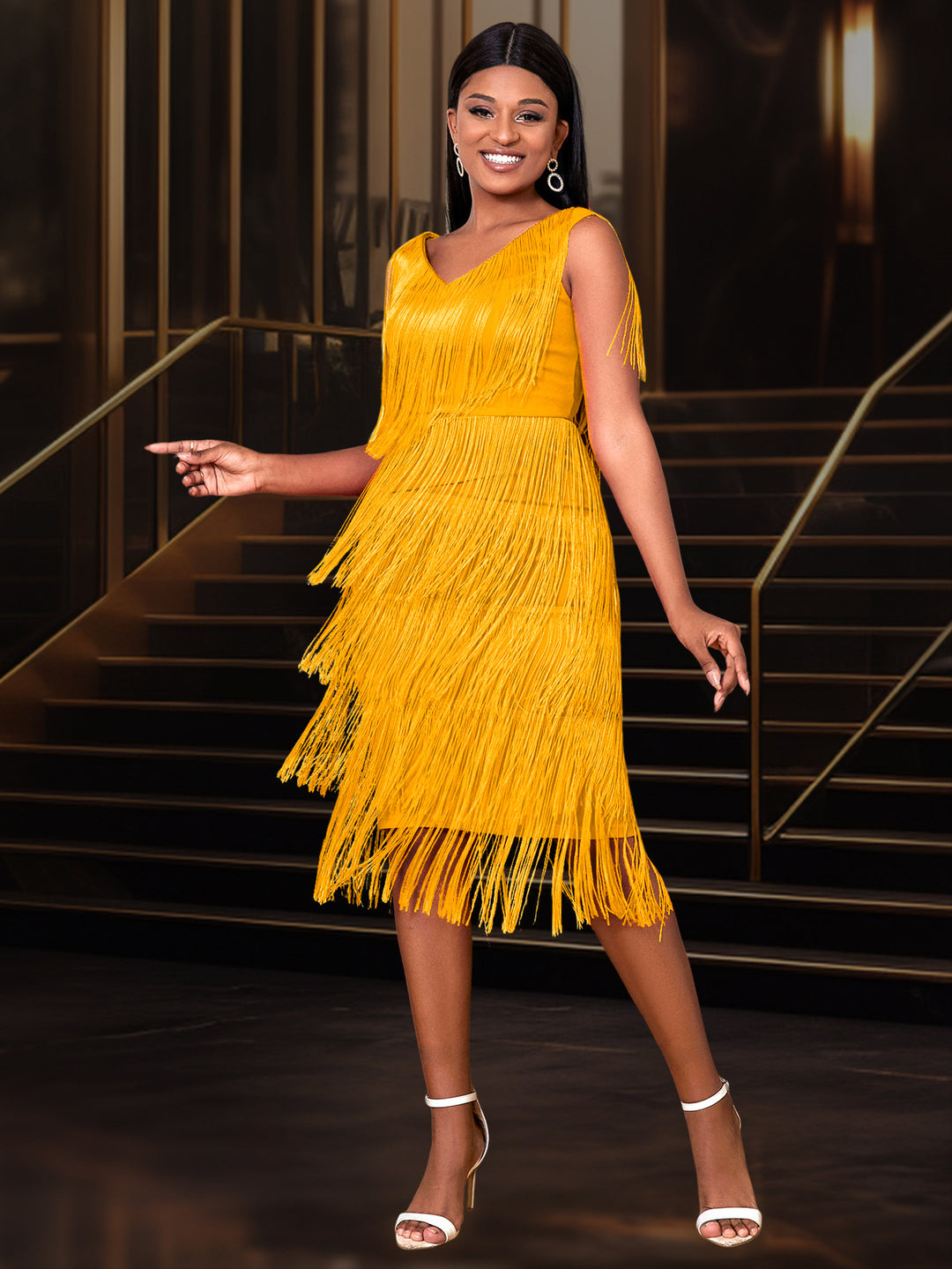 Women's fringed dress with elegant V-neck and swinging hem