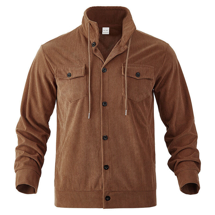 Men's functional cord shirt jacket with high stand collar, drawstring, and patch pockets StylebySassy