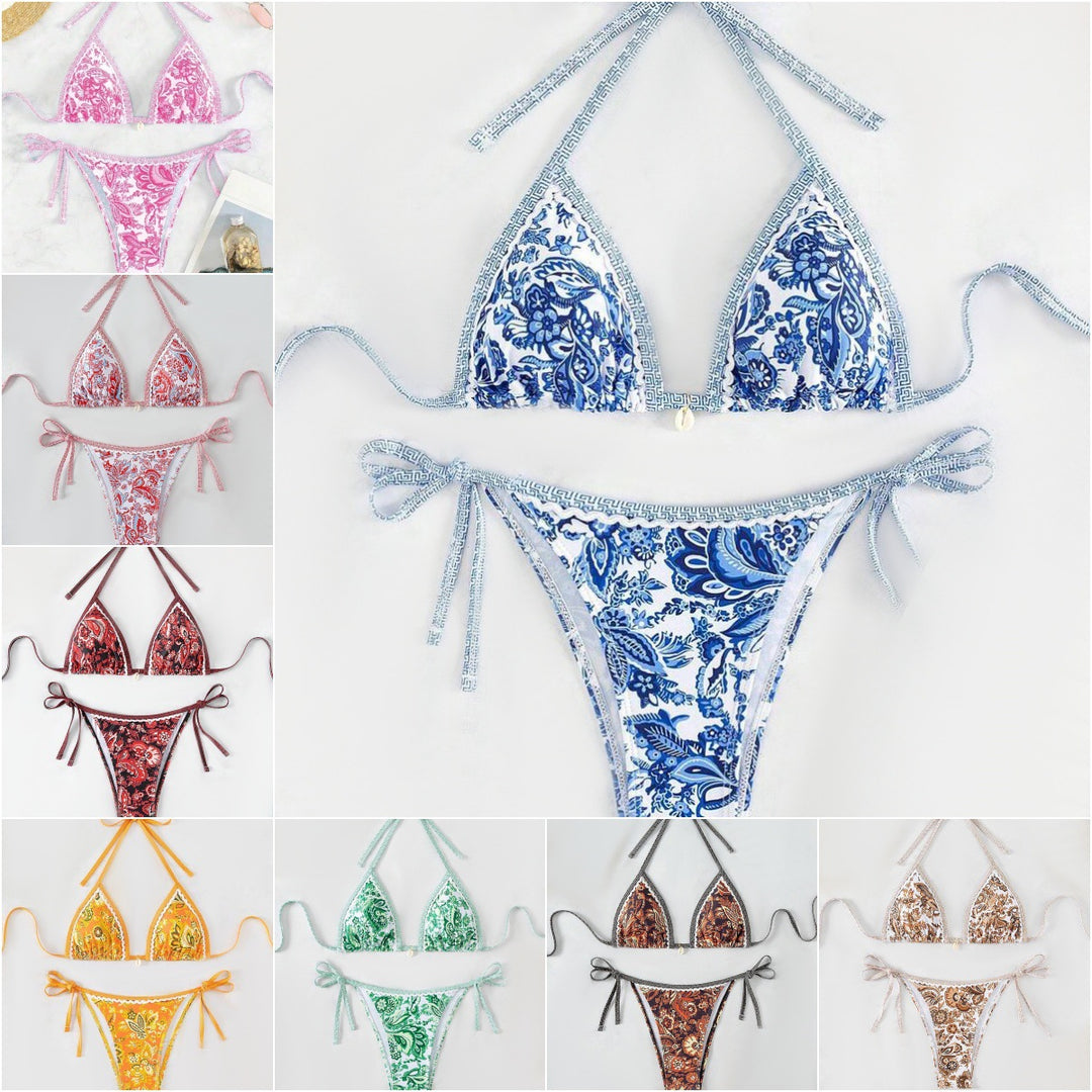 Women's triangle bikini set with adjustable tie straps and floral design StylebySassy