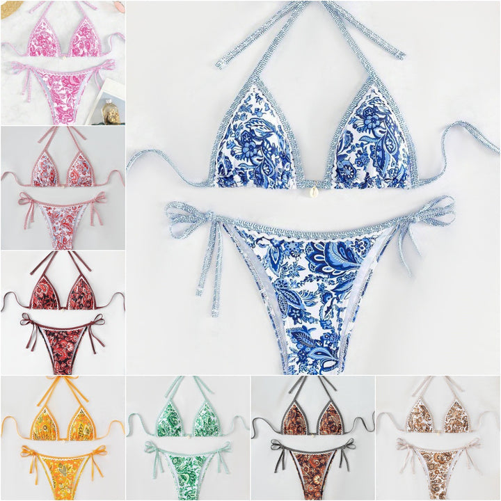 Women's triangle bikini set with adjustable tie straps and floral design StylebySassy