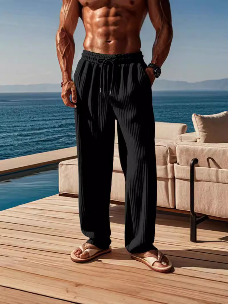 Men's casual ribbed leisure pants with drawstring waistband, side pockets, and straight leg StylebySassy