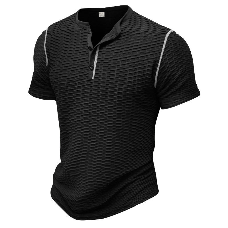 Men's structured short-sleeve henley with three-dimensional relief structure, reinforced button placket, and contrast piping StylebySassy