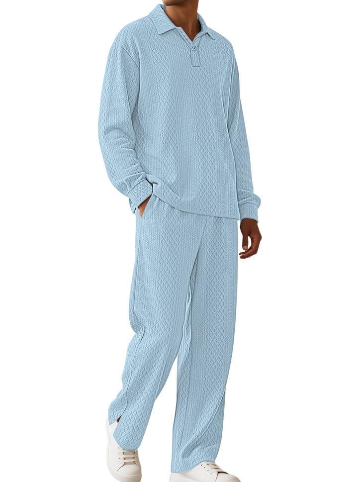 Men's jacquard knit set with polo collar, relaxed fit and straight pants StylebySassy