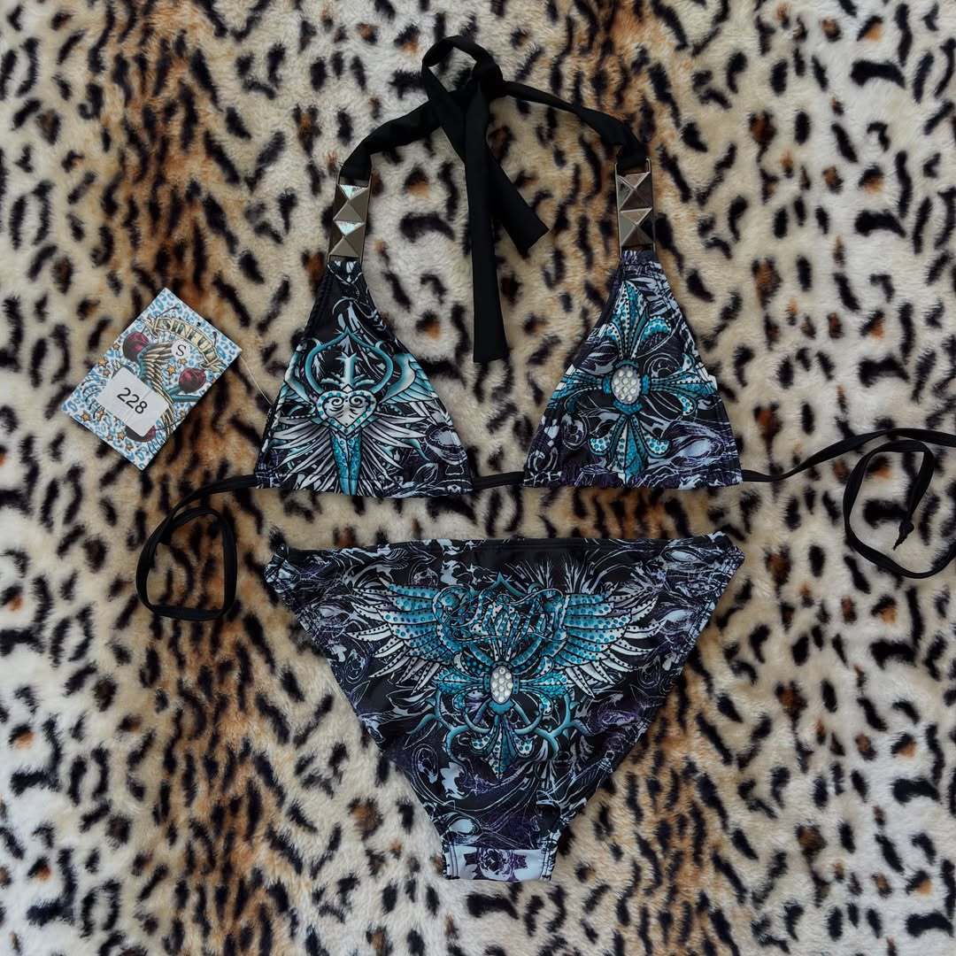 Ladies triangle bikini with floral pattern and rhinestone appliqués StylebySassy