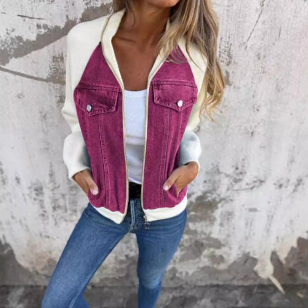 Women's Sweat-Jeans-Bomber Jacket with Raglan Sleeves, Breast Pockets, and Zipper StylebySassy