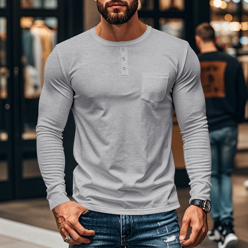 Men's slim long-sleeve button shirt with short button placket and chest pocket StylebySassy