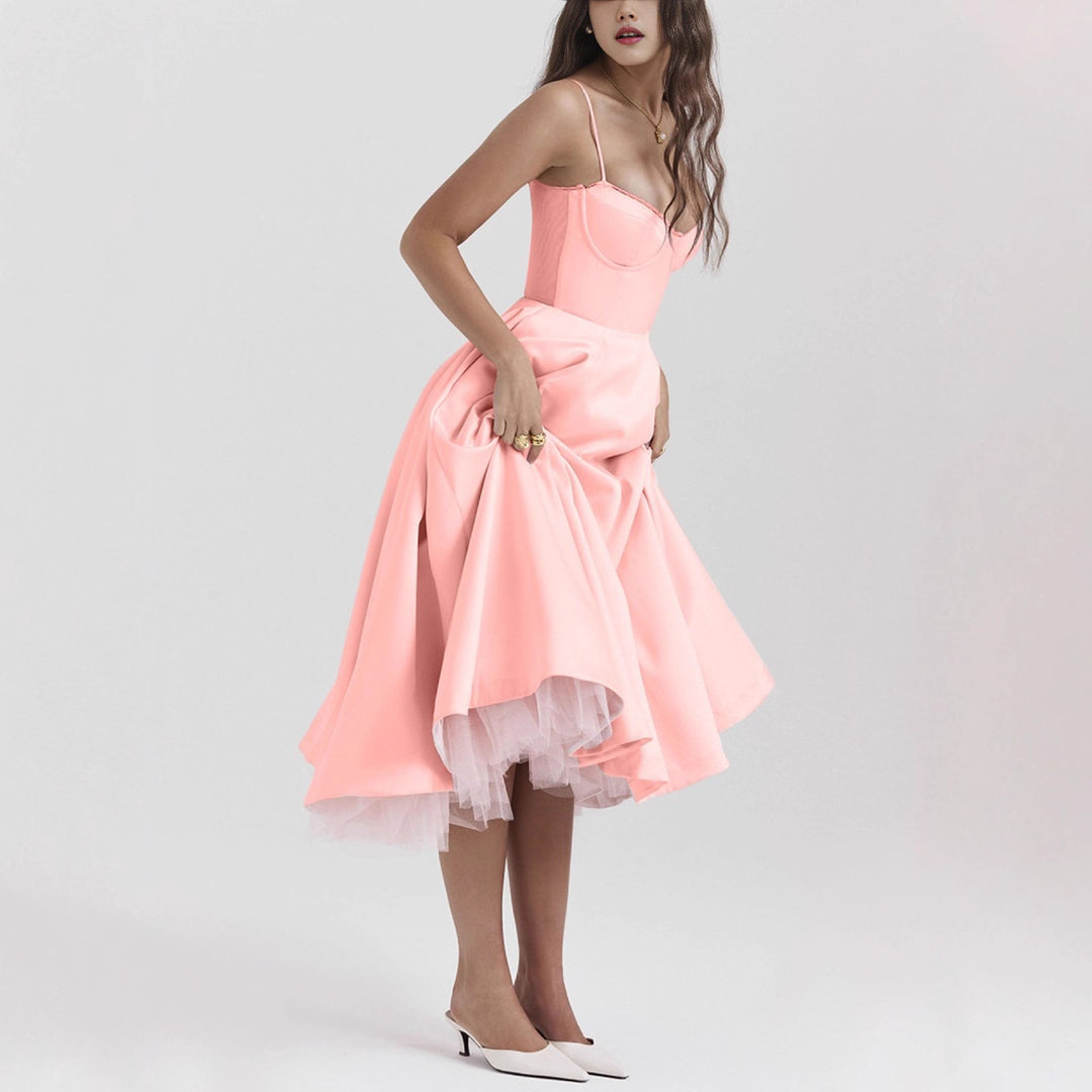 Women's tailored retro-inspired midi dress with corset underbust seams, flared skirt, and side pockets StylebySassy