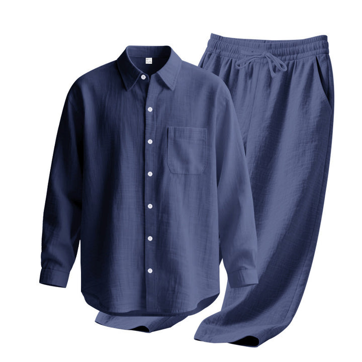Men's light house suit made of cotton gauze with kent collar shirt, breast pocket and drawstring pants StylebySassy