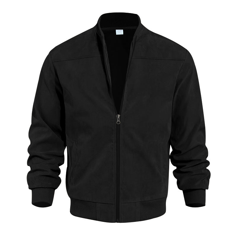 Men's faux suede bomber jacket with stand-up collar, ribbed cuffs, and side pockets StylebySassy