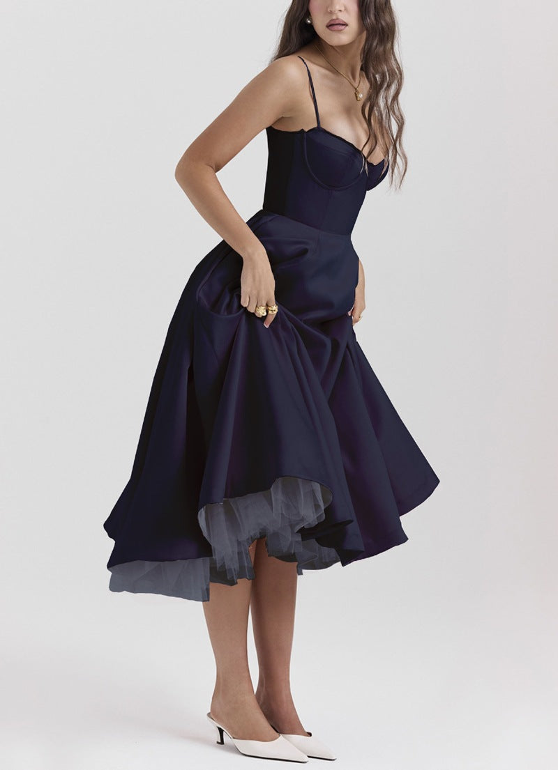 Women's tailored retro-inspired midi dress with corset underbust seams, flared skirt, and side pockets StylebySassy