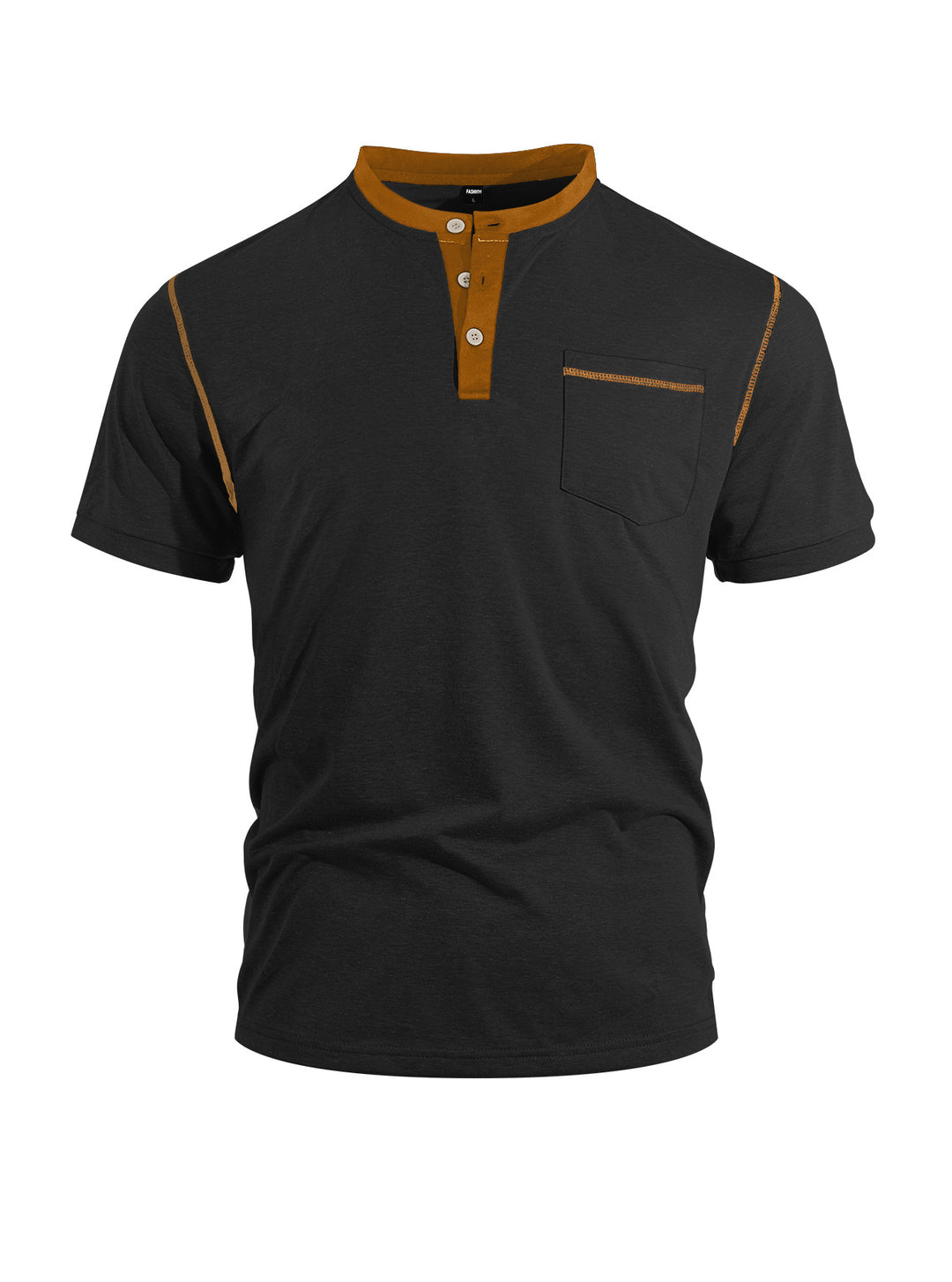 Men's short-sleeve band collar shirt with button placket, chest pocket, and flatlock seams StylebySassy
