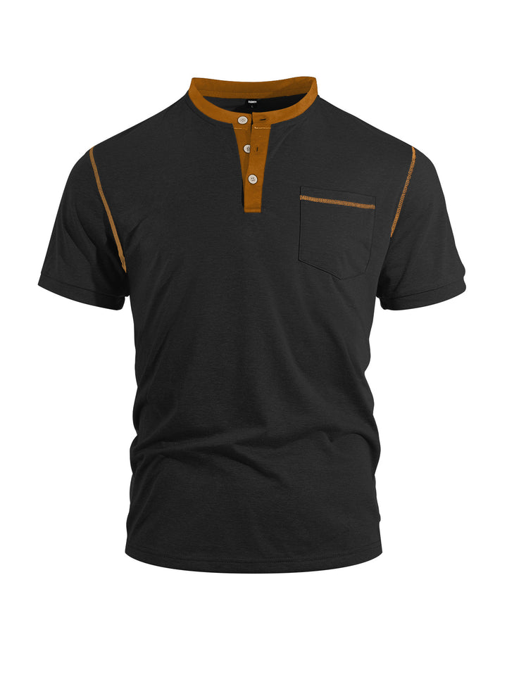 Men's short-sleeve band collar shirt with button placket, chest pocket, and flatlock seams StylebySassy