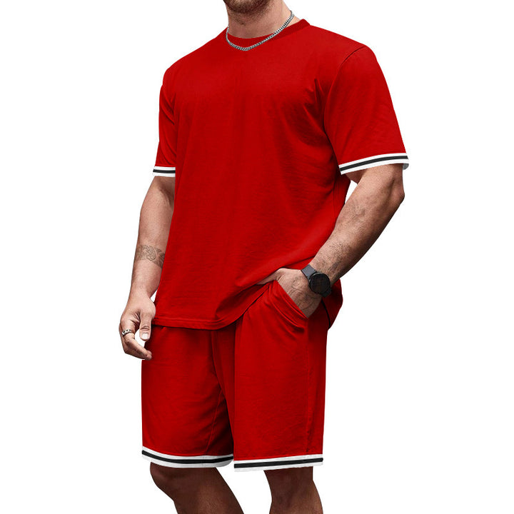 Men's casual jersey set consisting of short-sleeve shirt and bermuda shorts with contrasting stripes, elastic waistband, and insert pockets StylebySassy