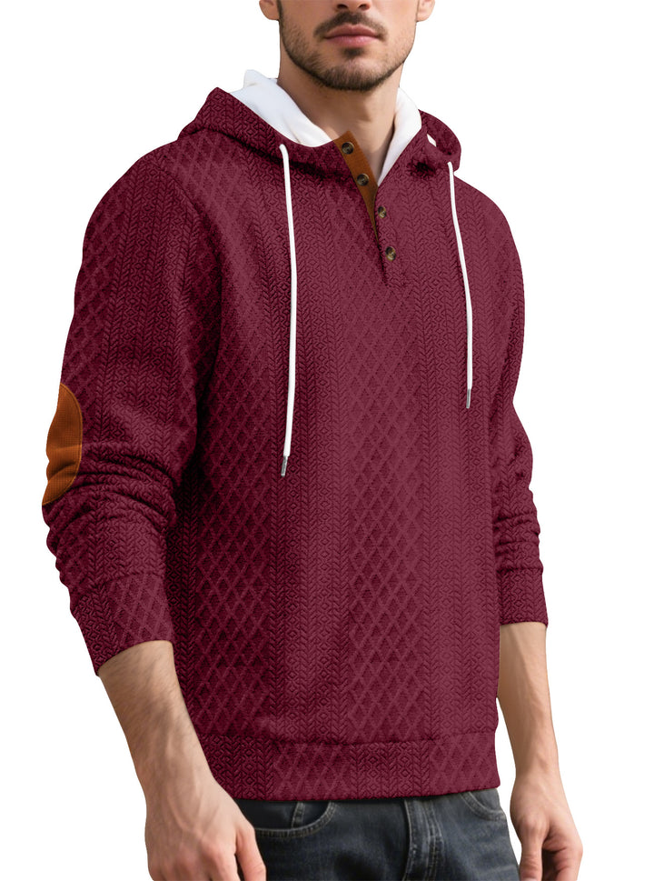 Men's nan diamond structure hoodie with short button placket, quilted hood inner edge, and suede elbow patch StylebySassy