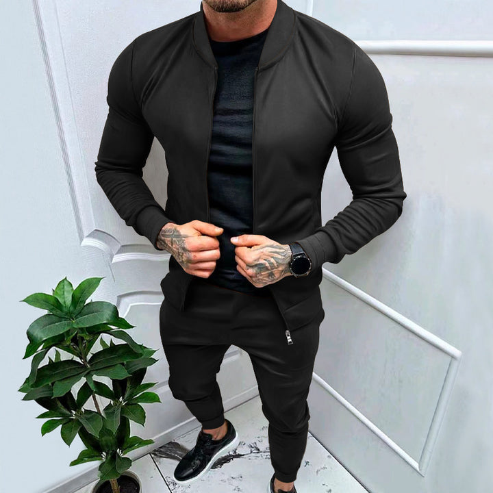 Men's sporty leisure training suit with tailored bomber jacket and tapered jogging pants made of elastic cotton blend StylebySassy