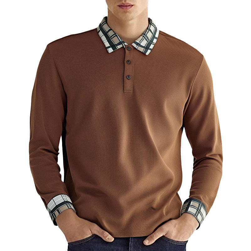 Men's figure-hugging long-sleeve polo shirt with checked collar and cuff trim StylebySassy