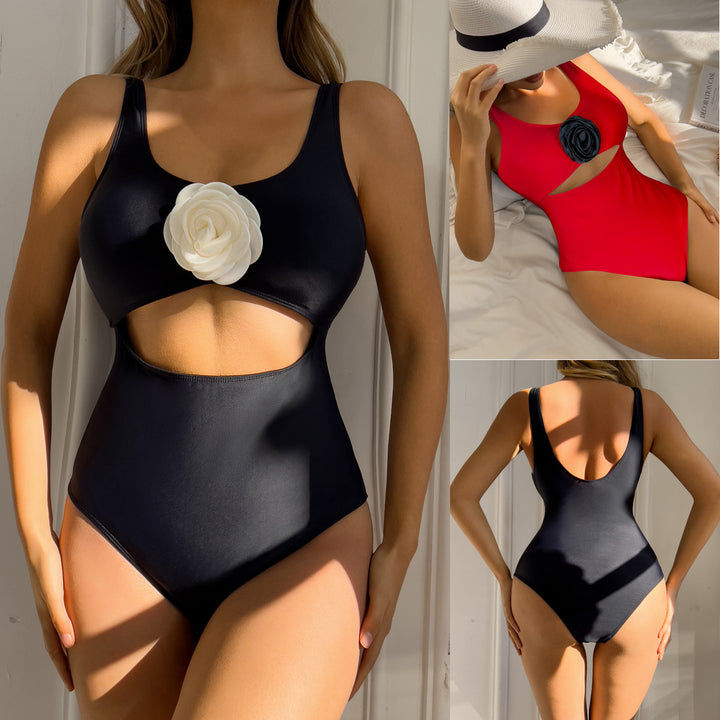 Women’s One-Piece Swimsuit with Fashionable Cut-Out and Decorative Flower StylebySassy