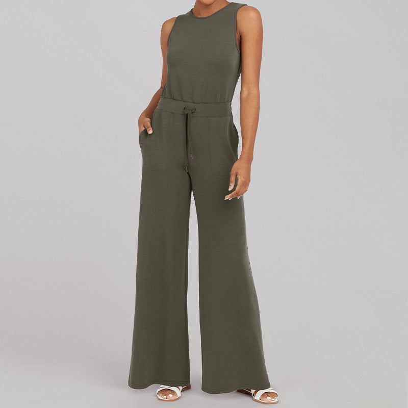 Women's sleeveless knitted jumpsuit with wide palazzo legs, drawstring waistband, and patch pockets StylebySassy