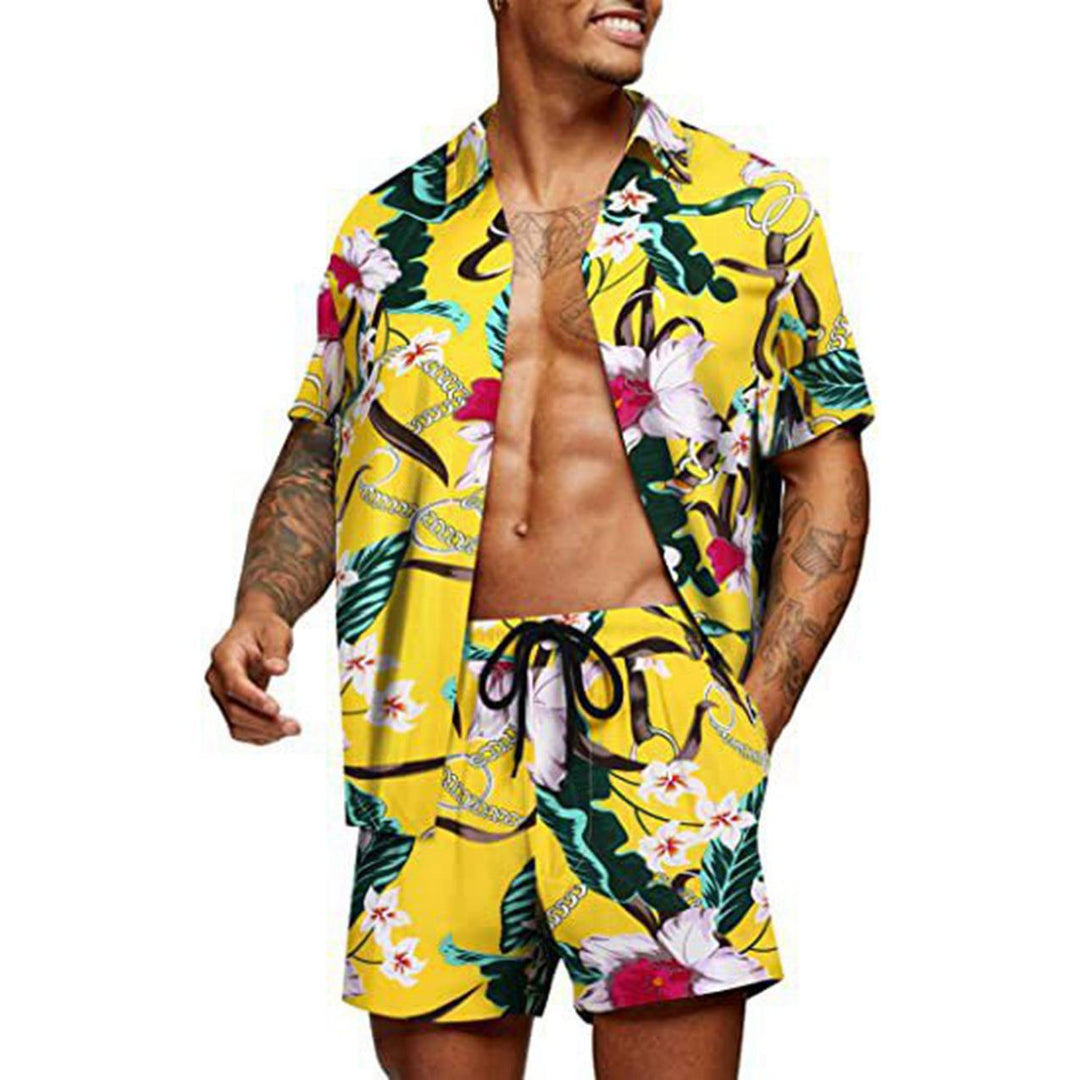 Men's tropical short sleeve shirt and swim shorts set with lapel collar, drawstring, and practical side pockets StylebySassy