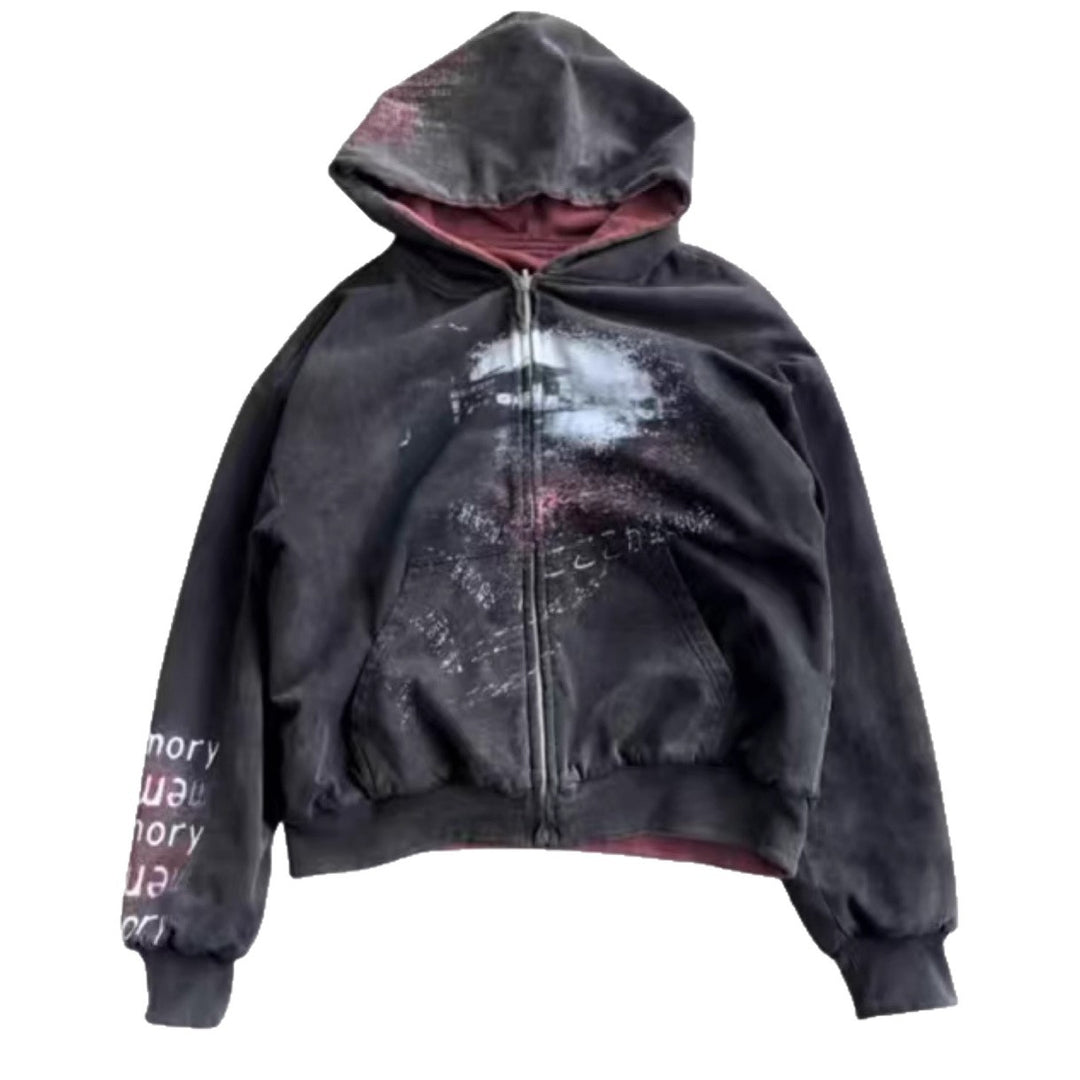 Unisex nan Hooded jacket with continuous zipper, used effect, double-layer hood and sleeve print StylebySassy