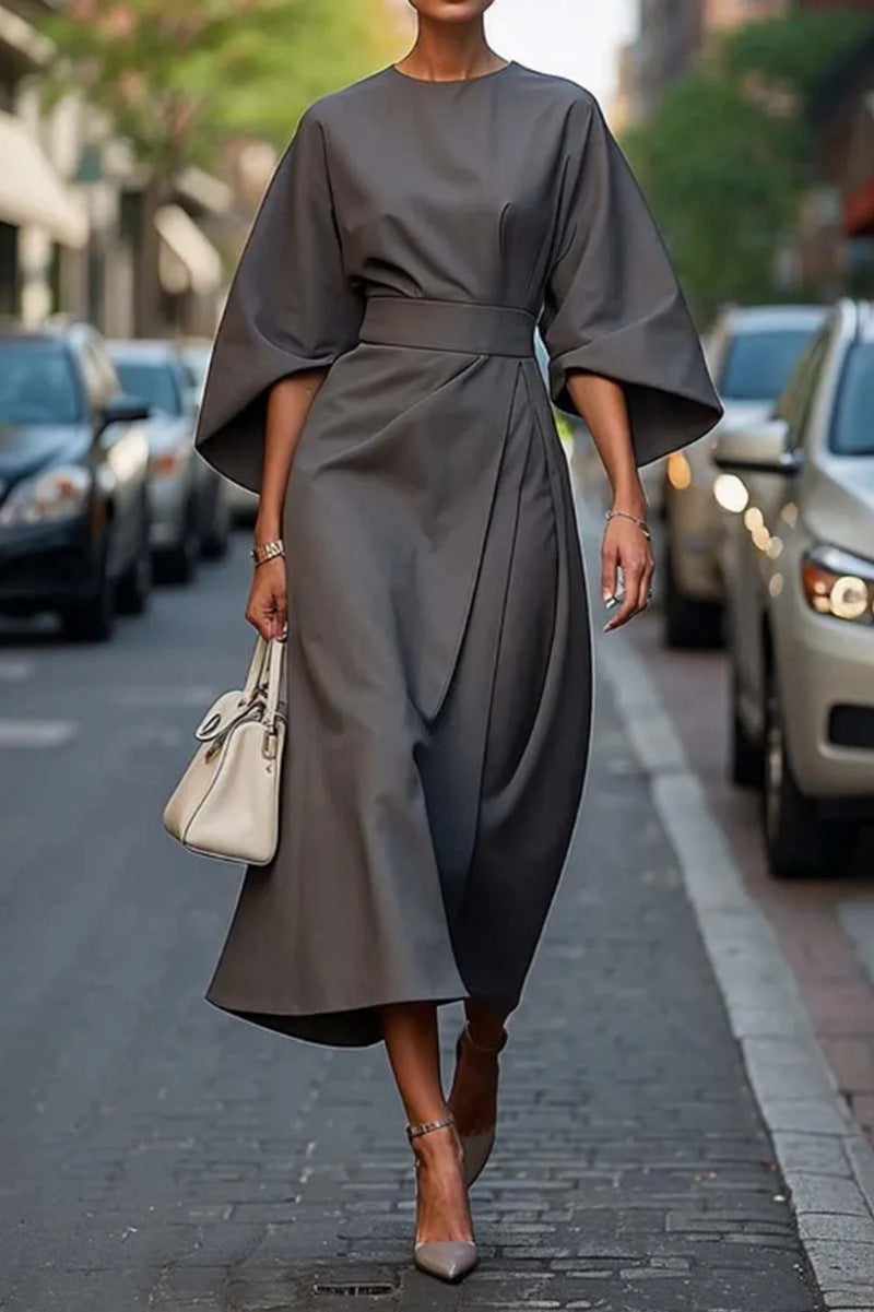 Ladies' elegant midi dress with kimono sleeves, draped wrap look and waist belt StylebySassy