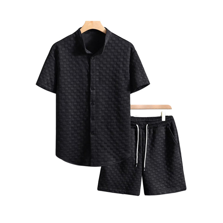 Men's two-piece summer ensemble with stand-up collar shirt jacket and elastic comfort shorts in embossed checked texture StylebySassy