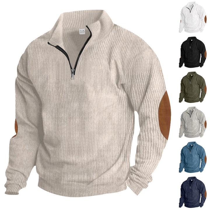 Men's knitted fine knit pullover with short zipper stand-up collar and leather-look elbow patches StylebySassy