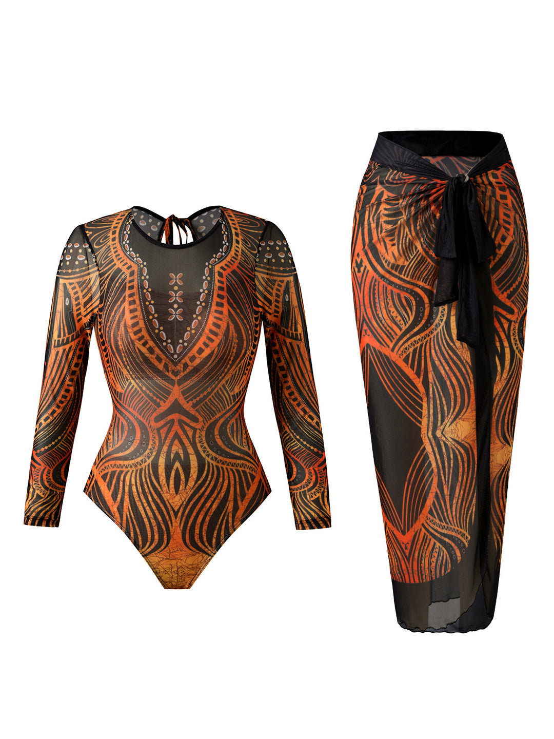 Women Elegant Swimsuit with Long Sleeve and Transparent Wrap Skirt StylebySassy