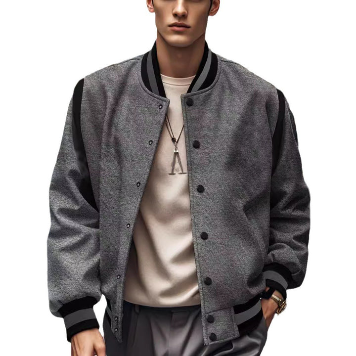 Men's lightweight college jacket in varsity look with press-stud closure, ribbed cuffs, and contrast shoulder trim StylebySassy